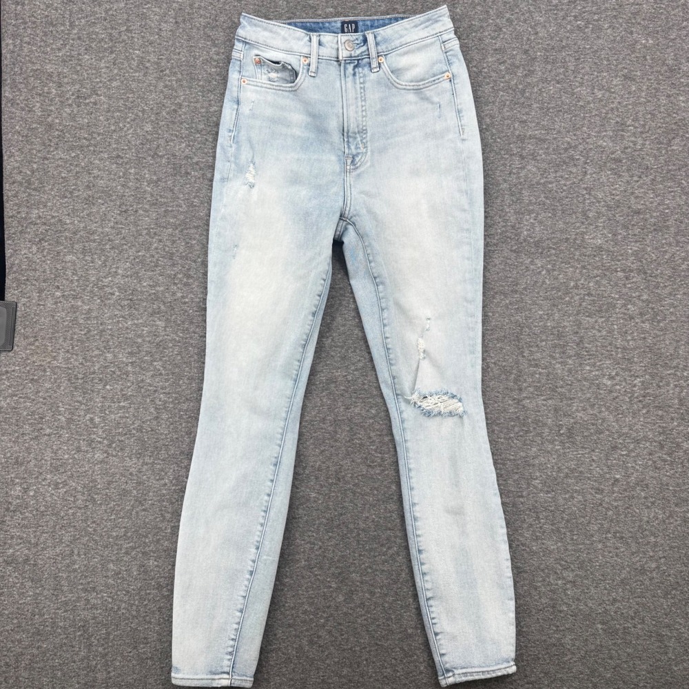 Gap Sky High Rise Skinny Jeans Womens 4/27 Tall Light Wash Distressed Blue Denim